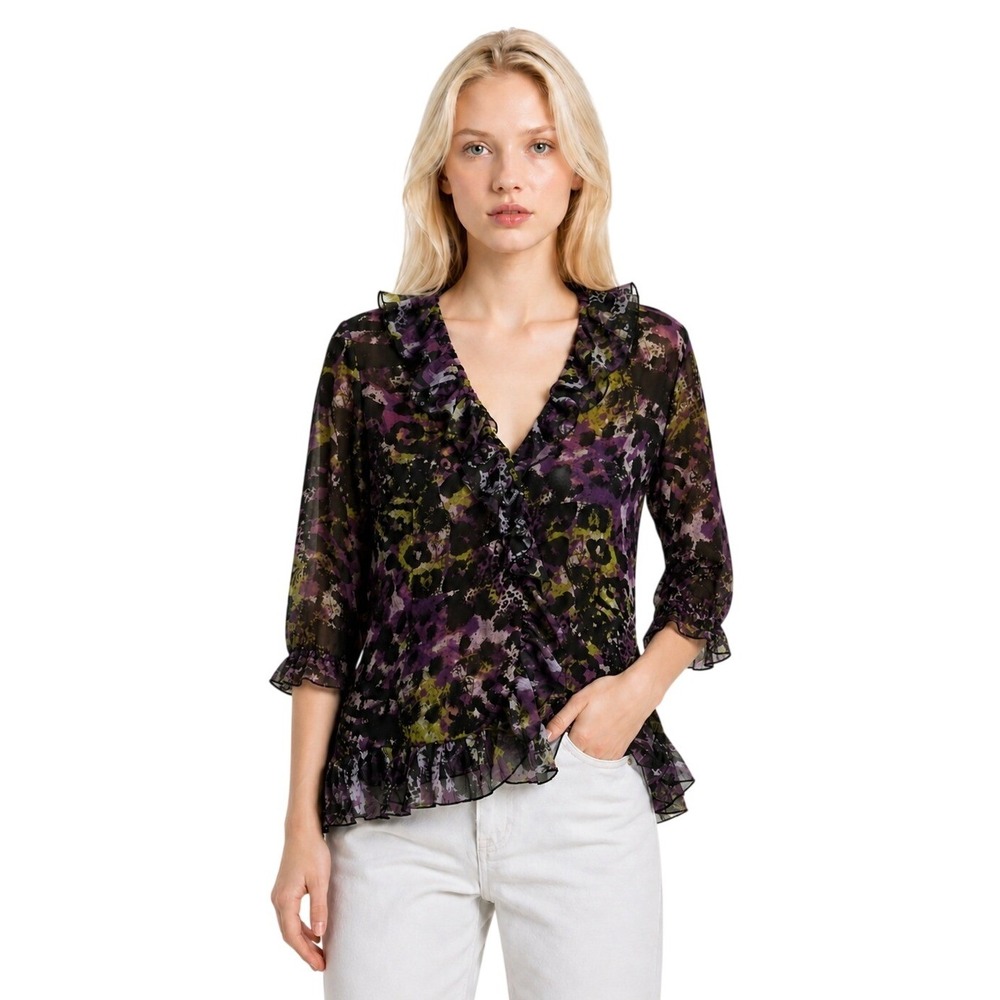 Multiples Blouse‎ Womens Size XL Purple Abstract Animal Print Ruffle Mesh